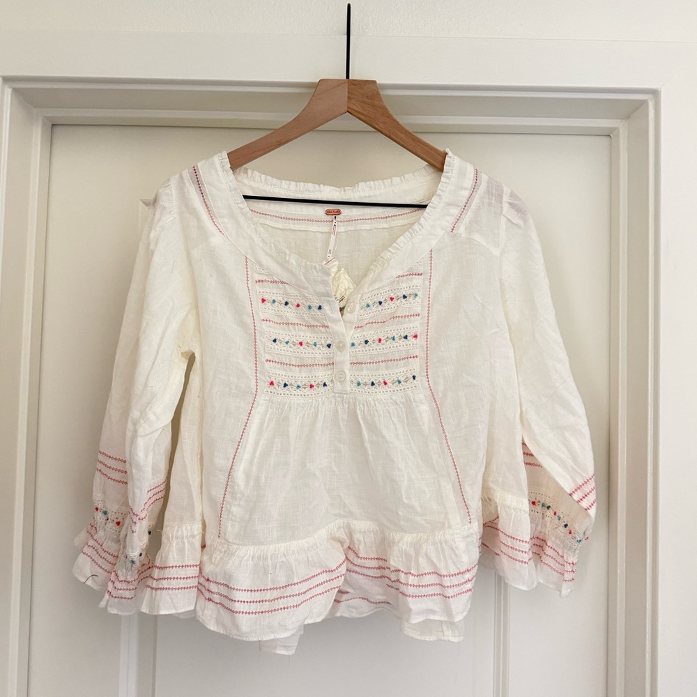 Free People Embroidered White Top